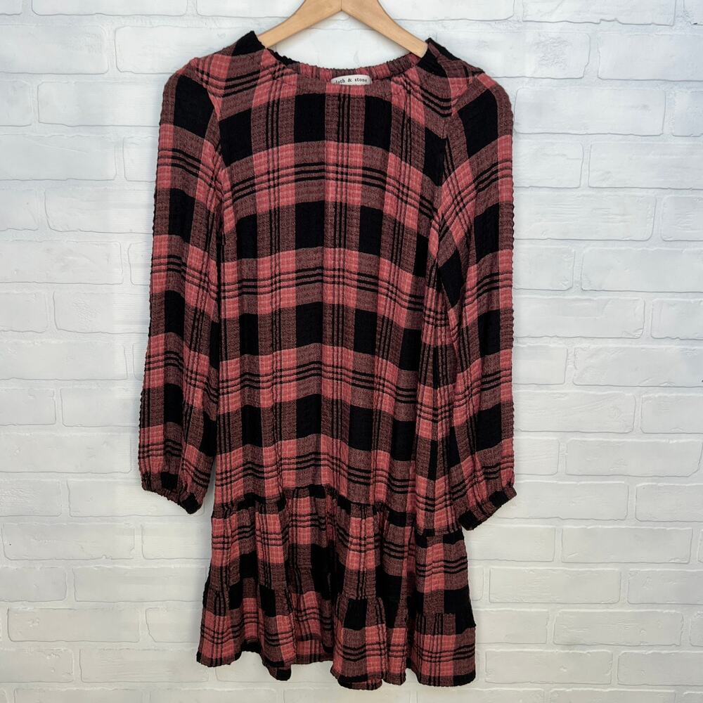Cloth & Stone Anthropologie Plaid Drop Waist Pink Black Plaid Dress -sz XS/S